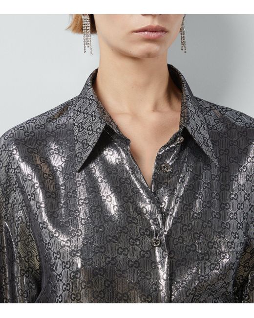 Gucci Gray Metallic Silk Gg Shirt