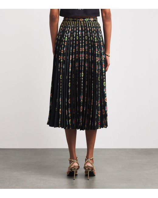Saloni Black Satin Pendant Stripe Print Pleated Midi Skirt
