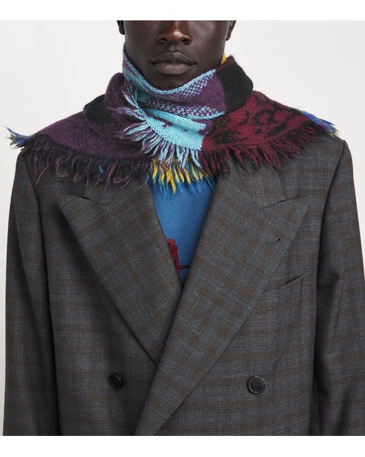 Dries Van Noten Blue Wool-Blend Patchwork Scarf for men