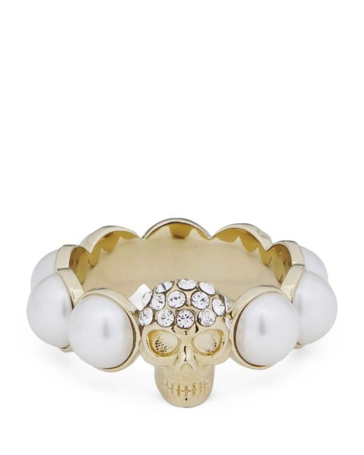 McQueen Metallic Faux Pearl And Skull Ring for men