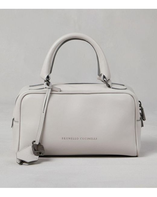 Brunello Cucinelli Gray Leather Boston Top-Handle Bag