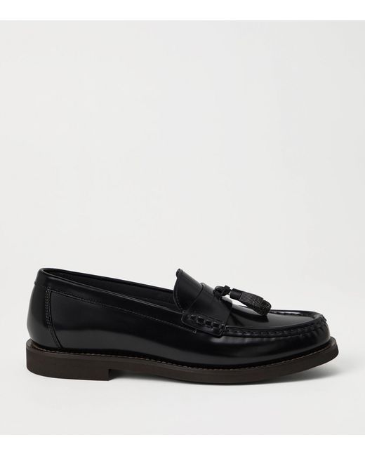 Brunello Cucinelli Black Leather Monili-detail Loafers