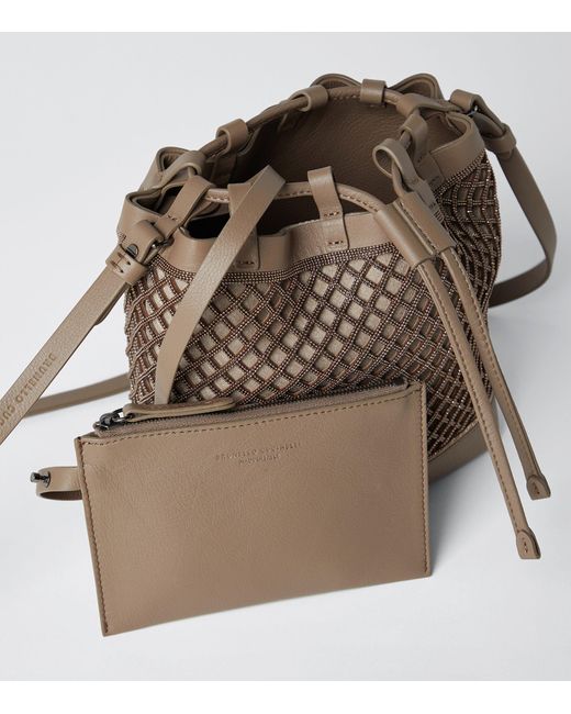 Brunello Cucinelli Brown Leather Monili-net Bucket Bag