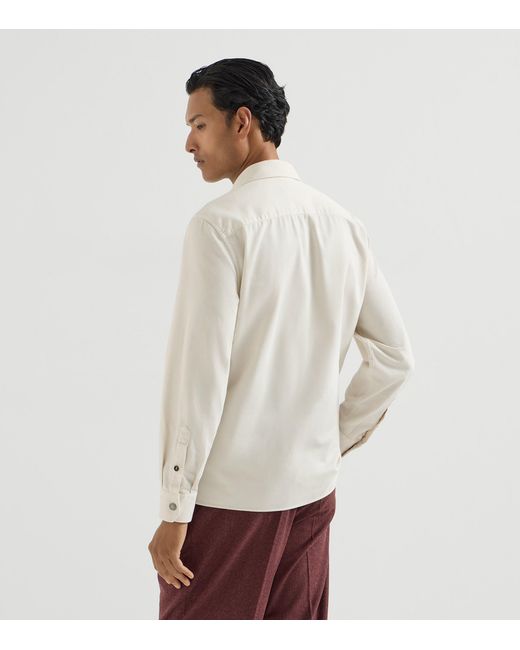 Brunello Cucinelli White Cotton Gabardine Pocket Shirt for men