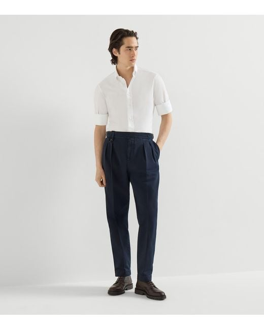 Brunello Cucinelli Blue Cotton Chevron Double-Pleated Trousers