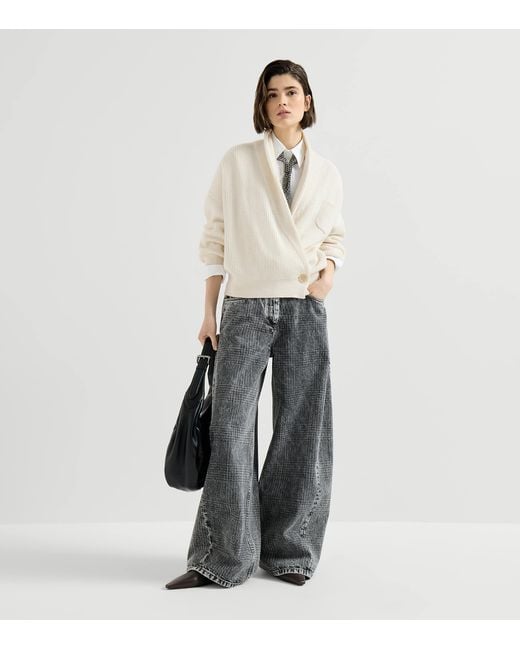 Brunello Cucinelli White Cashmere English Rib Asymmetric Cardigan