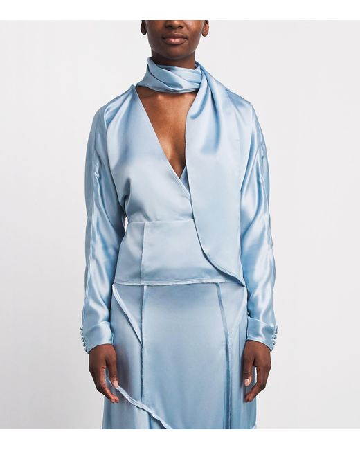 Ganni Blue Satin Scarf Blouse