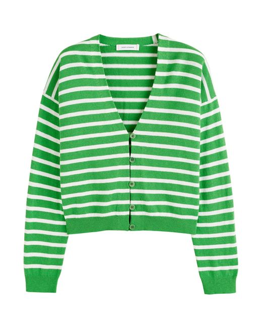 Chinti & Parker Green Bci Cotton-linen Striped Breton Cardigan