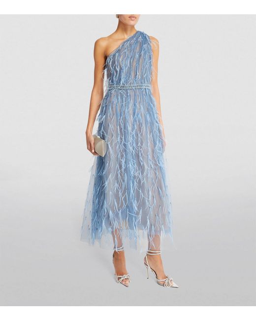 Marchesa Blue Feather-detail One-shoulder Midi Dress
