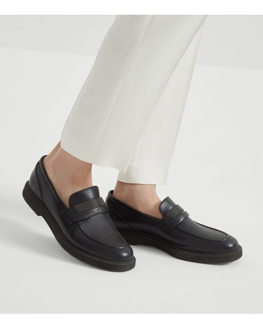 Brunello Cucinelli Black Leather Monili Penny Loafers