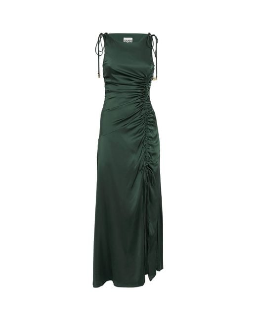 ganni green satin dress Ganni // Black & Green Silk Print V-Neck Dress – VSP Consignment main image 0