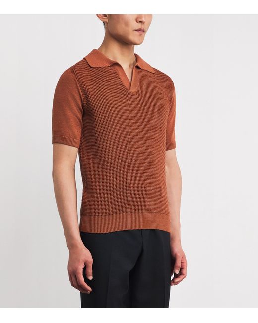 Isaia Brown Silk-Cotton Knit Polo Shirt for men