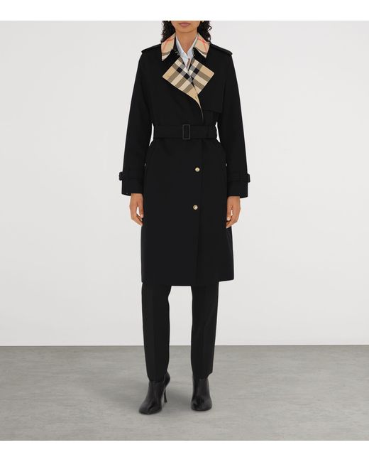 Burberry Black Gabardine Check-Collar Long Trench Coat