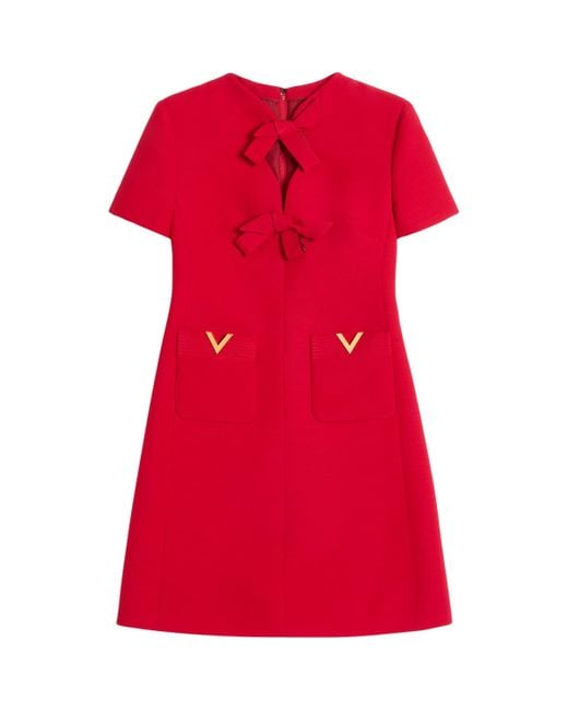 Valentino Red Virgin Wool-Silk Bow Mini Dress