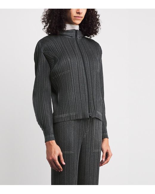 Pleats Please Issey Miyake Cotton Denim Zip-Up Jacket in Black | Lyst