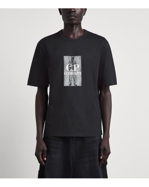 C P Company Black Cotton Embroidered Logo T-Shirt for men