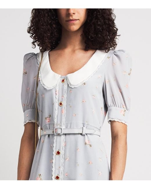 Alessandra Rich Gray Floral Print Belted Midi Dress