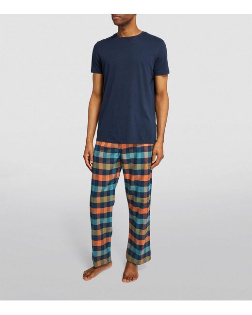 Derek Rose Blue Brushed Check Pyjama Trousers for men
