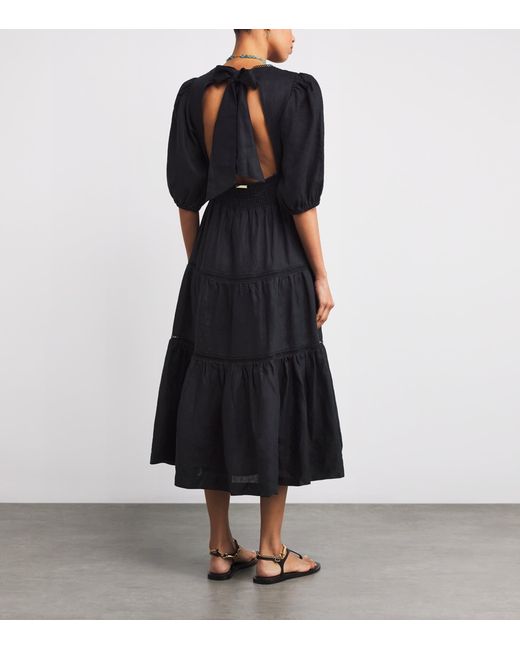 Heidi Klein Black Linen Lace-Trim Meteora Midi Dress