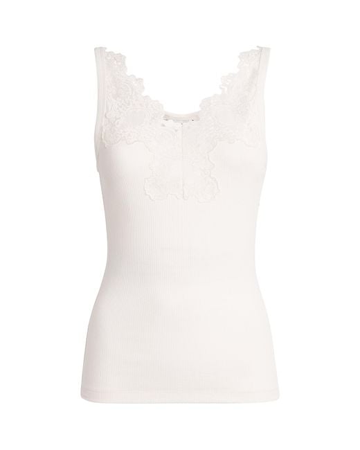 Sandro White Ribbed Lace-Trim Tank Top