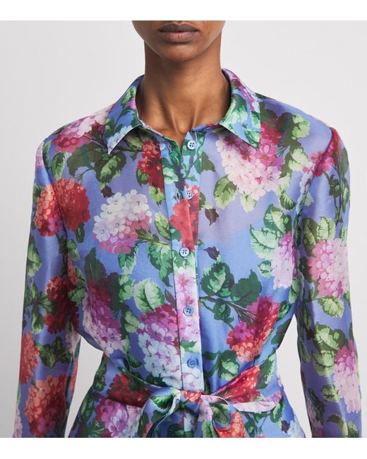 Carolina Herrera Blue Silk Floral Maxi Shirt Dress