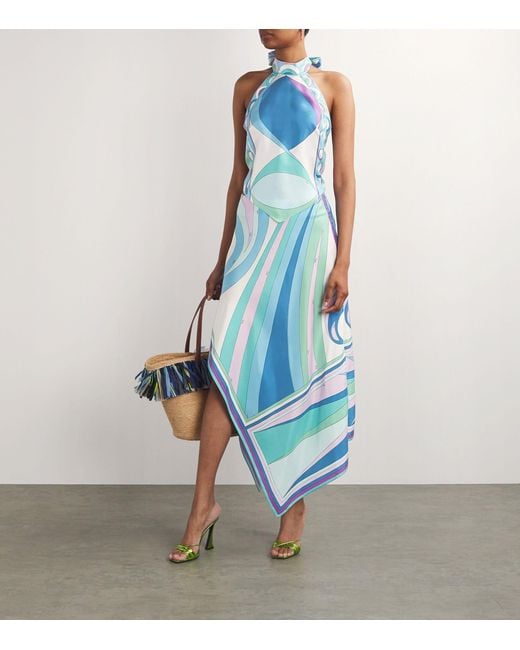 Emilio Pucci Blue Pucci Silk Asymmetric High-neck Dress