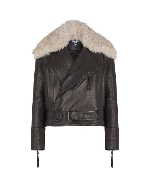 Balmain Black Fur-Trim Collar Leather Jacket for men