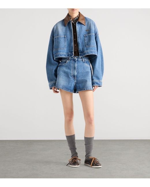 Prada Blue Leather-Collar Cropped Denim Jacket
