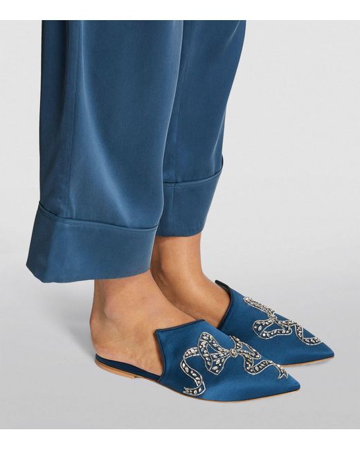 Olivia Von Halle Blue Satin Embellished Contessa Slippers