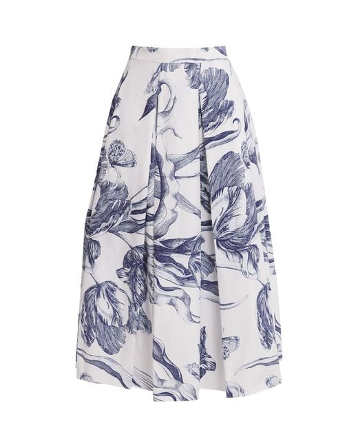 Erdem White Cotton Floral Pleated Midi Skirt