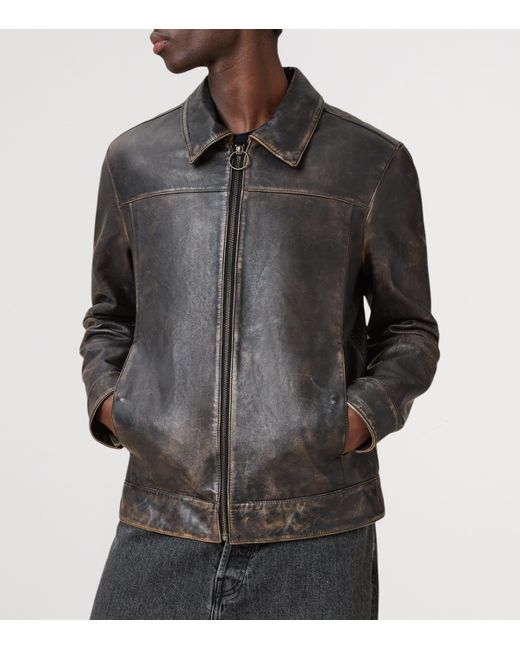 AllSaints Black Allsaints Alkan Collared Zip Up Two Tone Leather Jacket for men