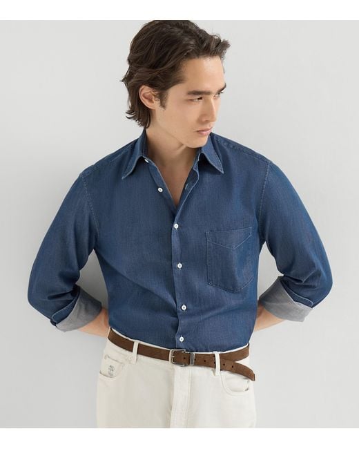 Brunello Cucinelli Blue Denim Chambray Shirt for men