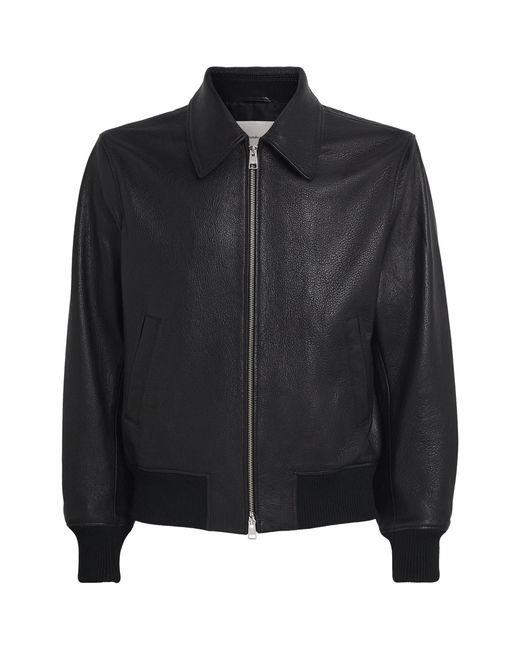 AMI Black Leather Collared Bomber Jacket for men