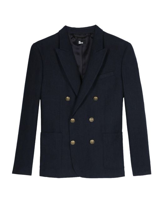 The Kooples Blue Linen Double-breasted Blazer for men
