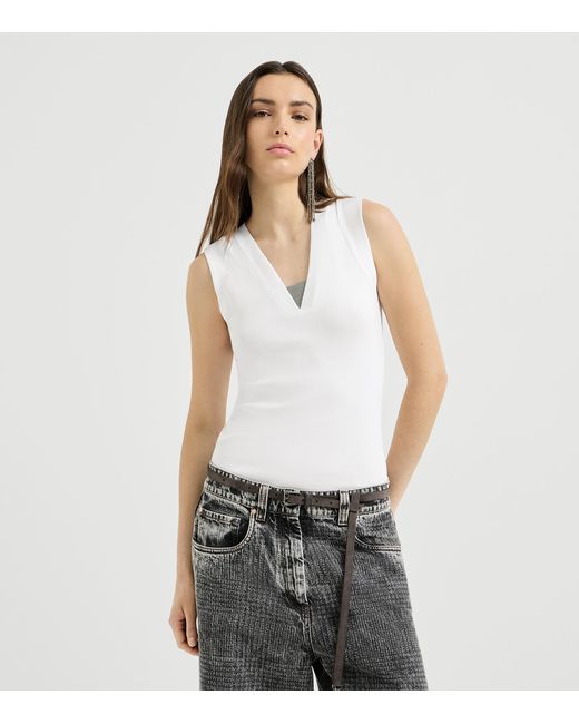 Brunello Cucinelli White Embellished Stretch-Cotton T-Shirt