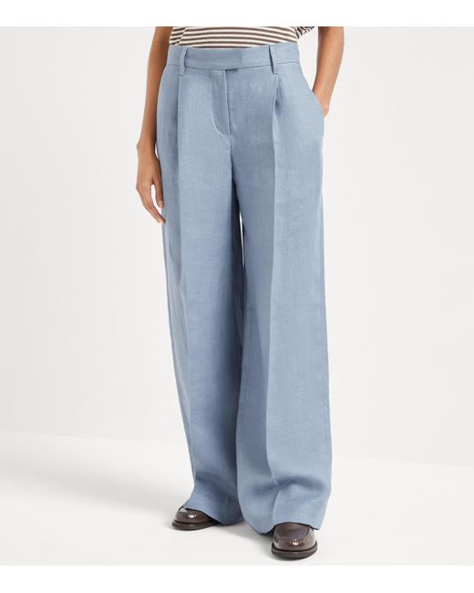 Brunello Cucinelli Blue Hemp-Linen Gabardine Loose Trousers