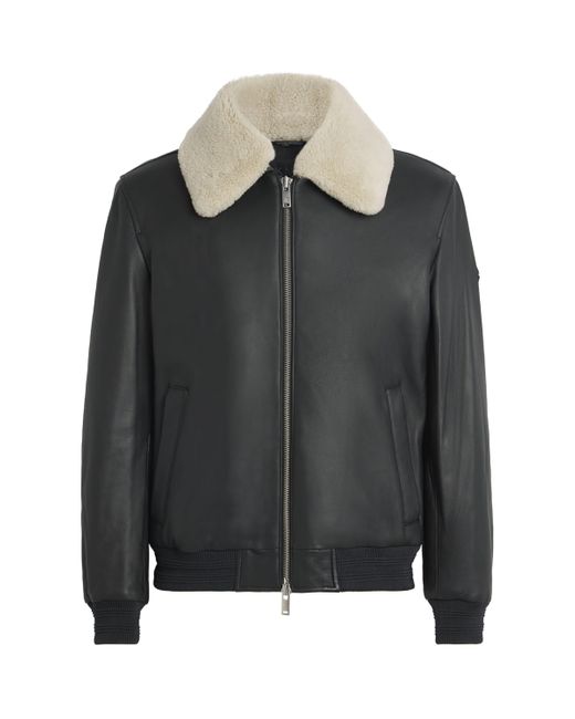 Moose Knuckles Black Shearling-Trim Leather Bomber Jacket for men