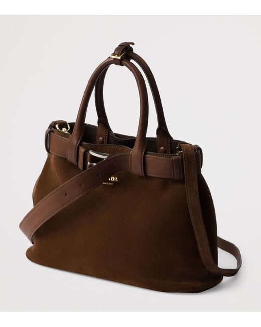 Prada Brown Medium Suede Buckle Tote Bag
