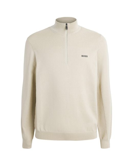 Boss White Ribbed Logo Quarter-Zip Sweater for men