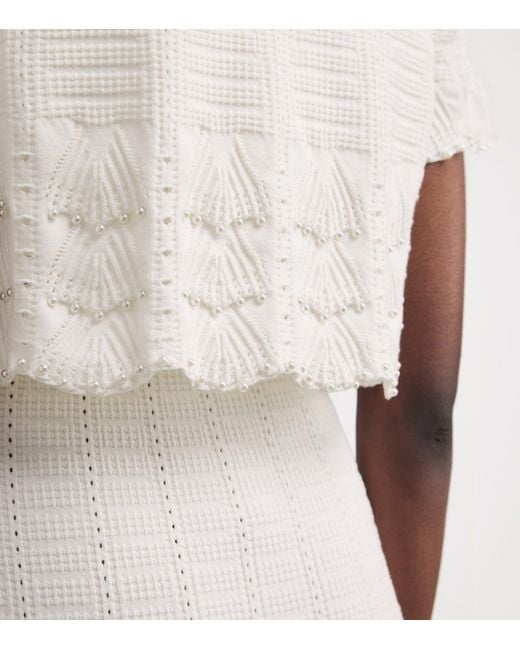 Maje White Pointelle Beaded Cropped Cardigan