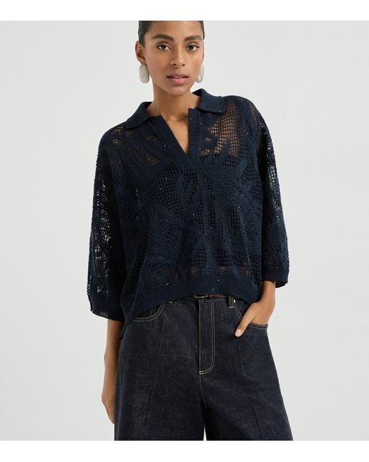 Brunello Cucinelli Blue Linen-Cotton Embellished Polo Sweater