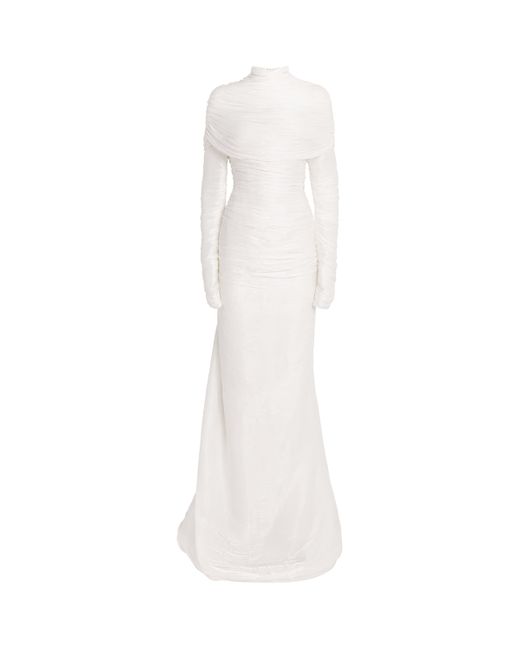 Marmar Halim White Pleated High-Neck Gown