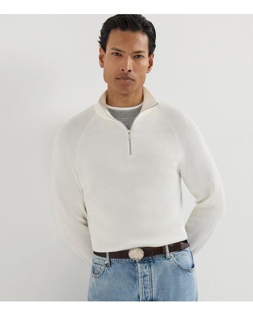 Brunello Cucinelli White Cotton Rib-Knit Quarter-Zip Sweater for men