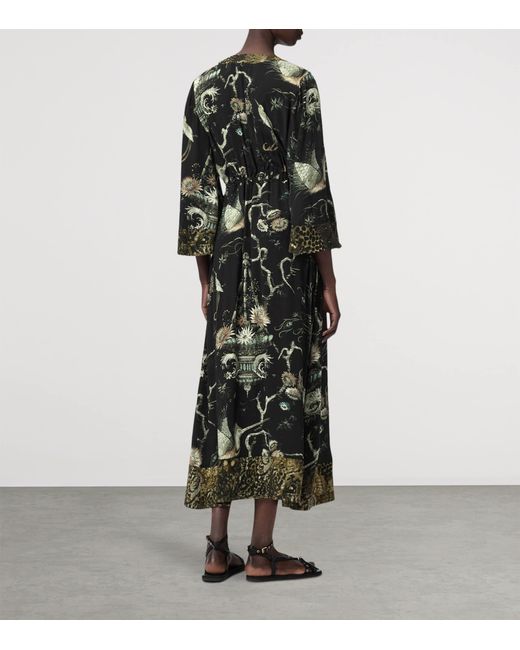 AllSaints Black Printed Diana Midi Wrap Dress