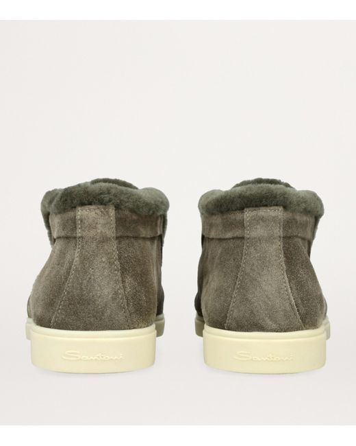 Santoni Green Suede Fur-Trim Fortune Ankle Boots
