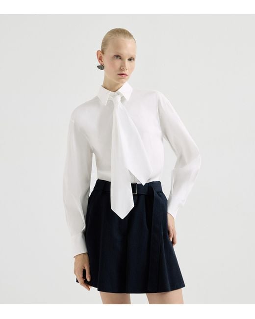 Brunello Cucinelli White Cotton-Blend Tie-Detail Shirt