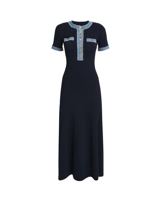 Sandro Blue Denim-Trim Knitted Maxi Dress