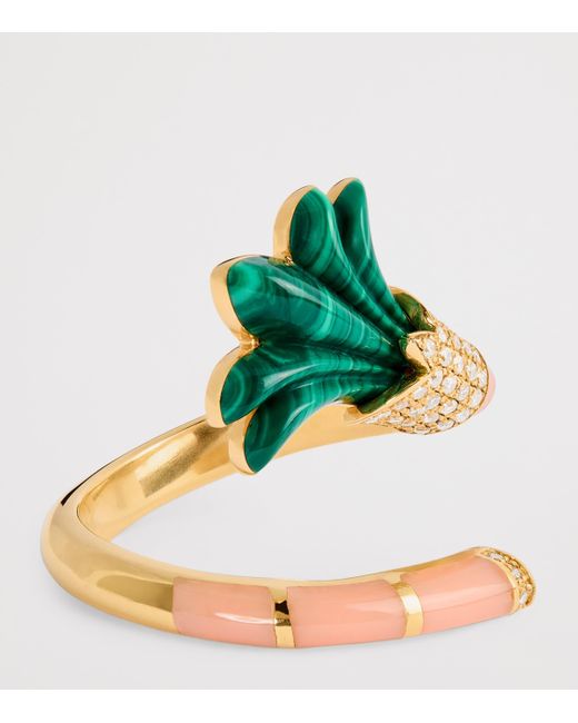 L'Atelier Nawbar Metallic Diamond, Malachite And Coral On A Vine Psychedeliah Ring