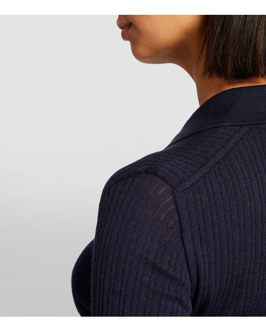 Johnstons Blue Merino Wool Ribbed Polo Sweater