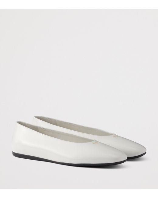 Prada White Brushed Leather Logo Ballet Flats